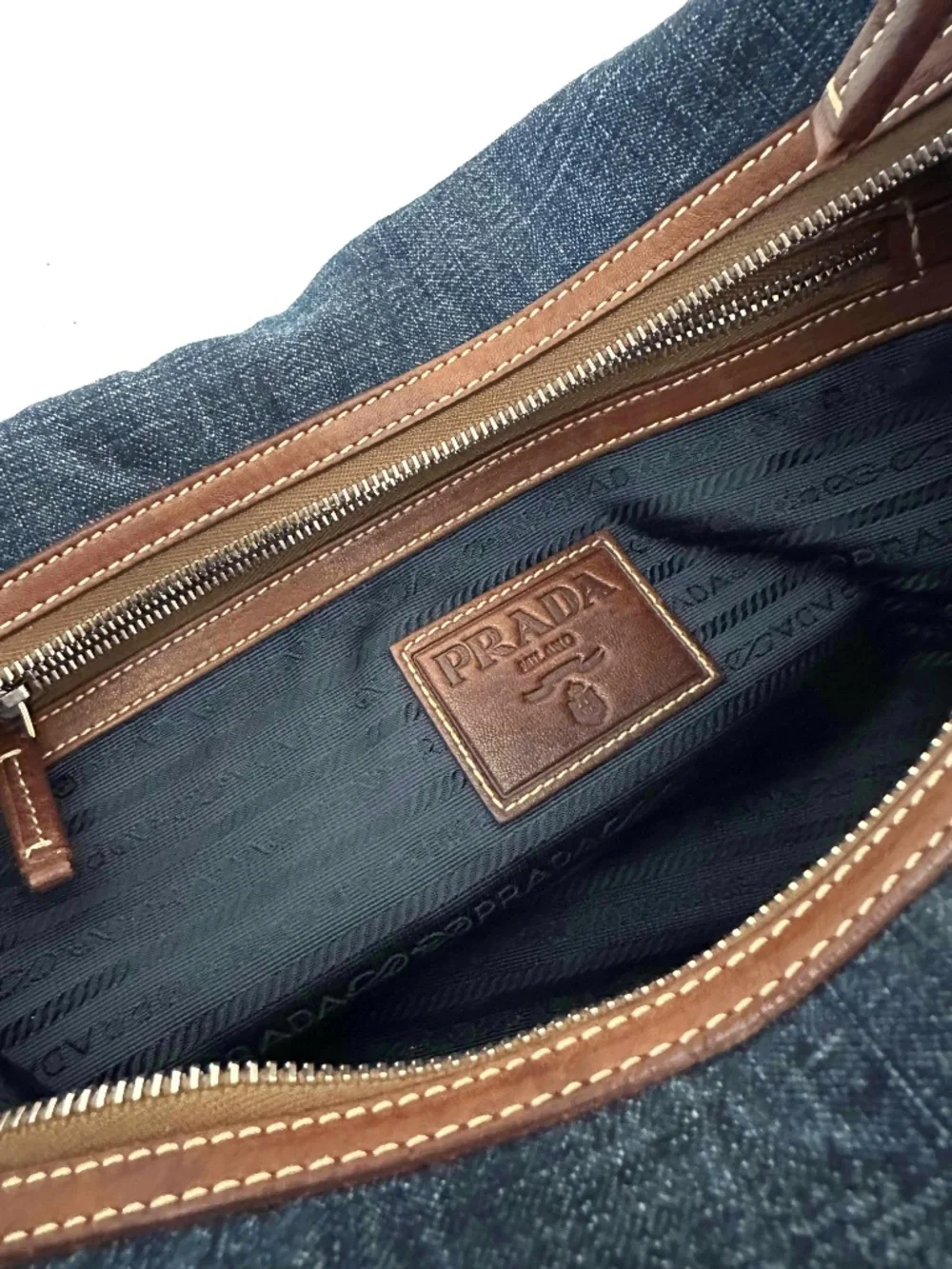 Vintage Prada Denim Hobo Bag 1990s | Embroidered Prada Milano Logo | Italy